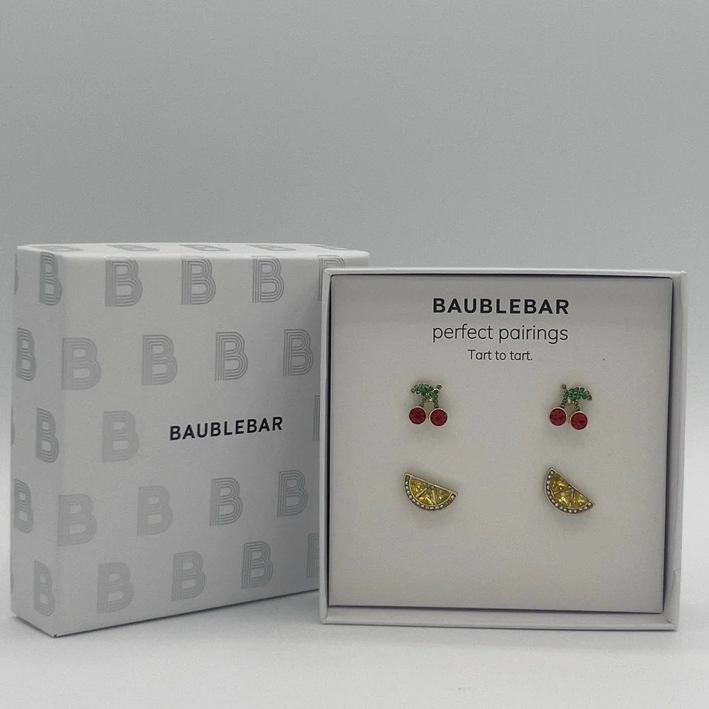 Baublebar Gold Tone 2 Pair Stud Earring Set Cherries Cherry Lemons Bauble Bar